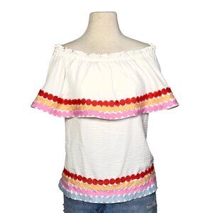Morgan Claire Multi White Off Shoulder Ric-Rac Trimmed Ruffled Tiered Top Size S